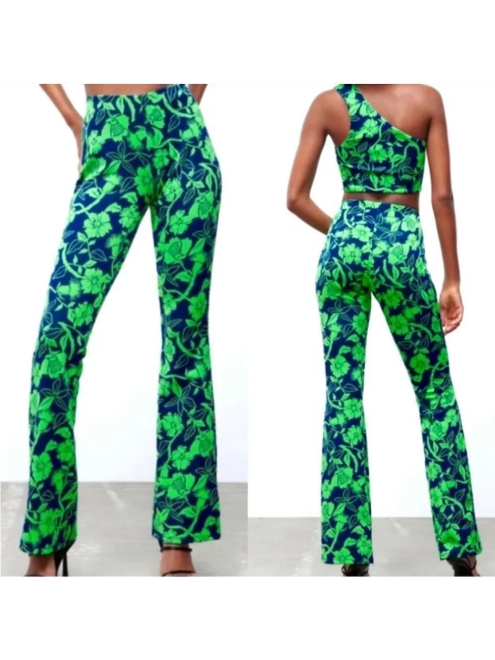 Zara Navy & Bright Green Floral High-Waist Flare Pants
